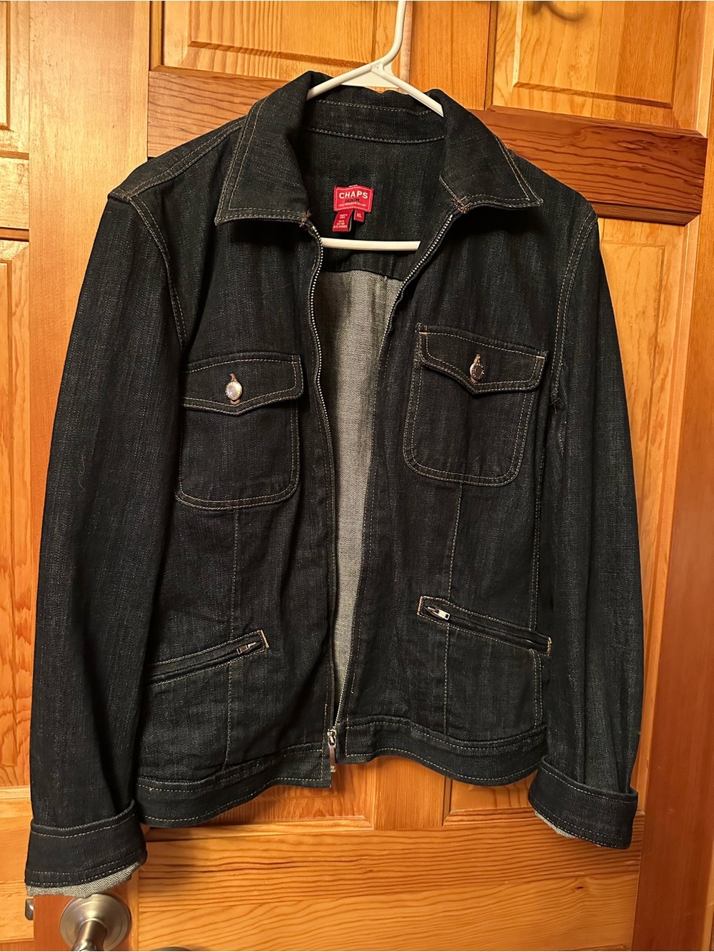 Chaps Dark Blue Denim Jacket with Zip and Snap Pockets